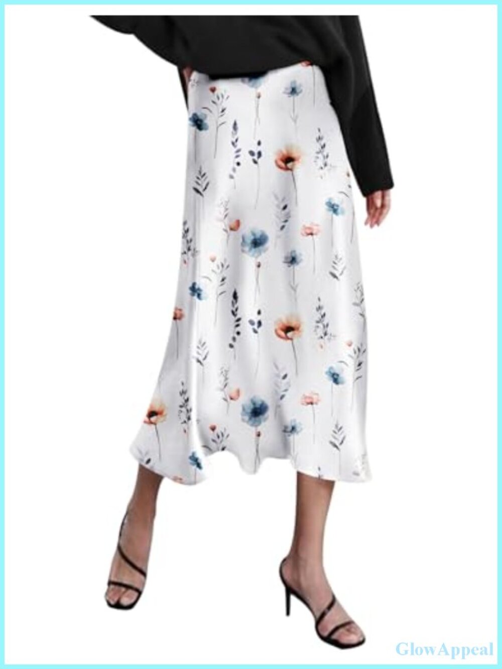 High Waist Satin Midi Skirt Elegant Floral